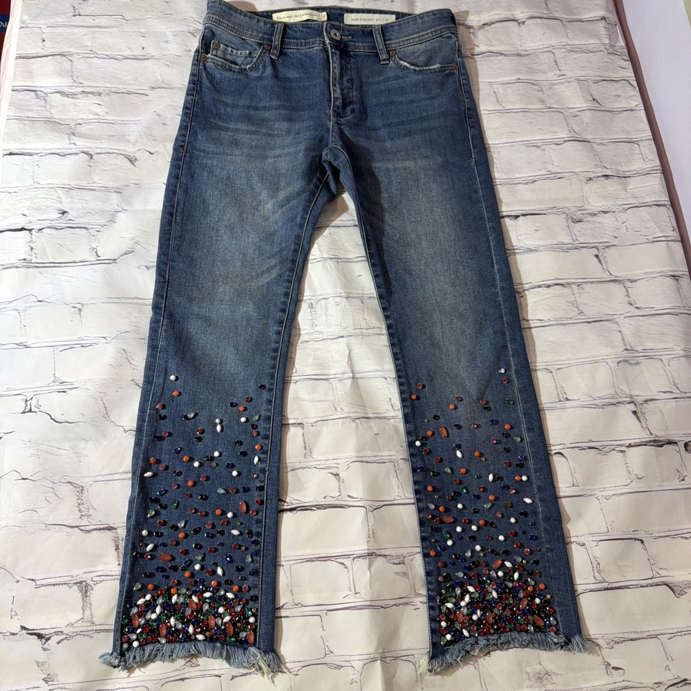 Pilcro and the Letterpress Anthropologie Slim Straight Jeweled Jeans Size 27